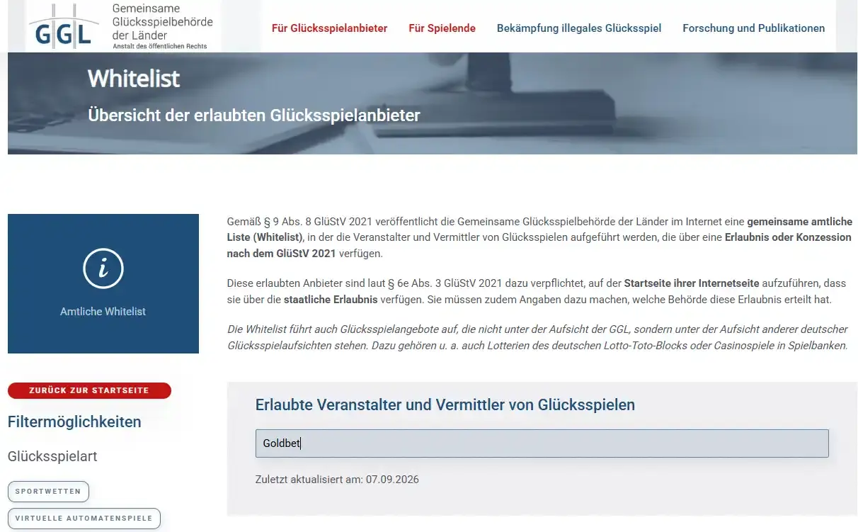 Aktuelle deutsche GGL-Whitelist zur Prüfung erlaubter Glücksspielanbieter