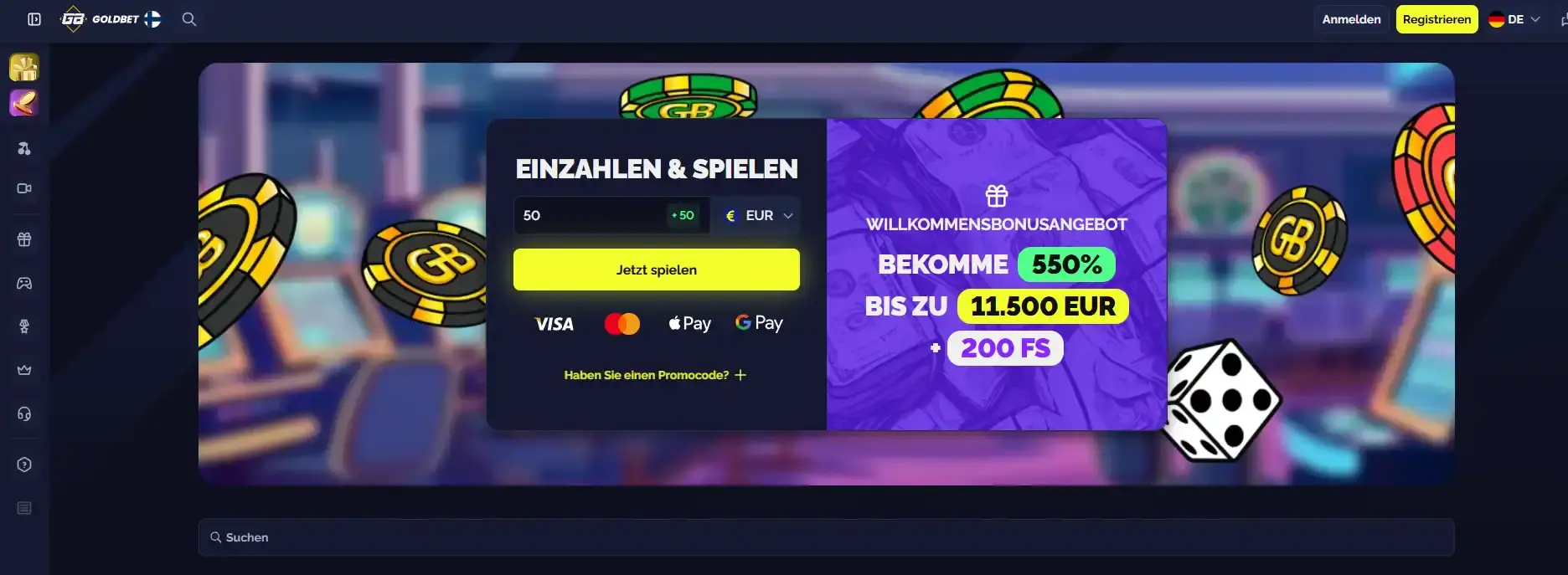 Aktuelle reale Goldbet-Oberfläche als Referenz für Bedienung und Navigation