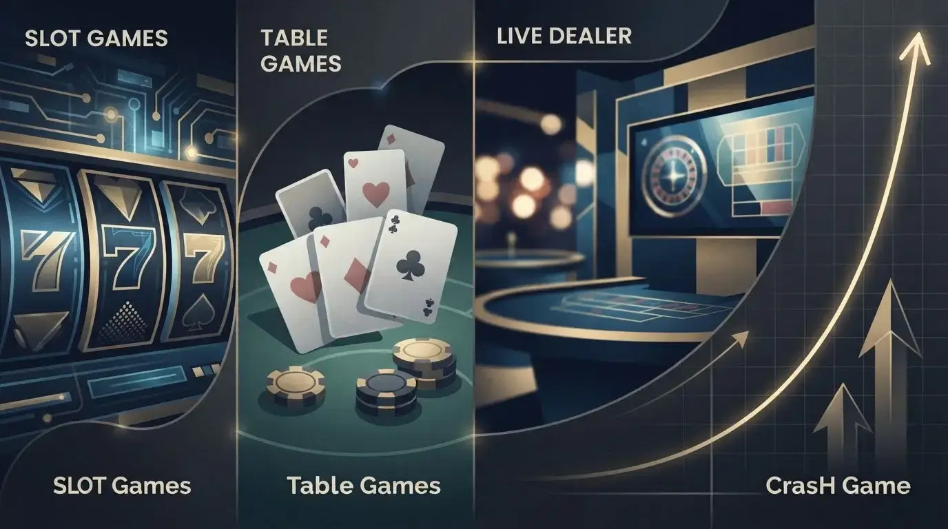 Casino-Spielbibliothek mit Slotrollen, Spielkarten, Tischspielen und einer Crash-Kurve