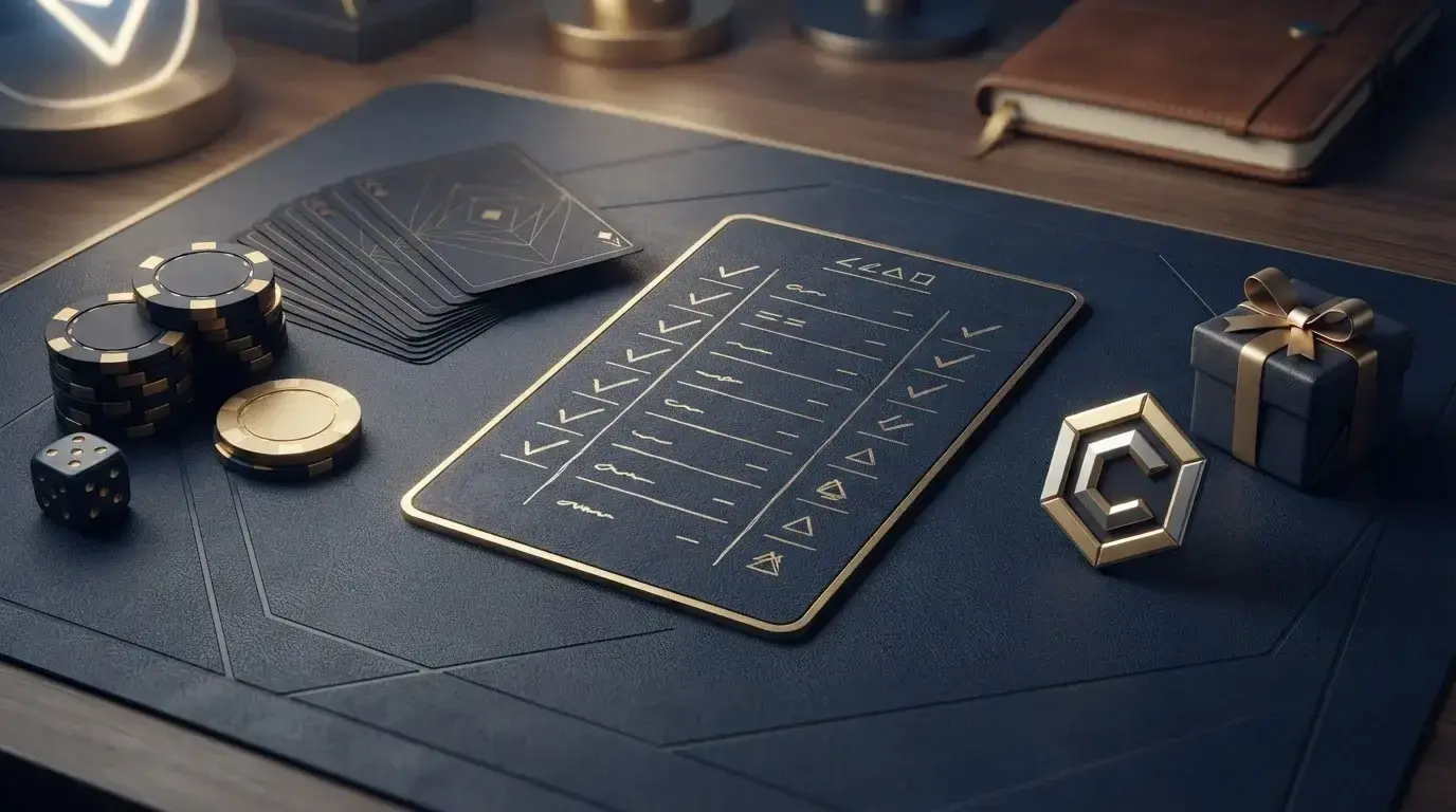 Darstellung eines Casino-Bonus mit Karten, Chips und Prüfsymbolen