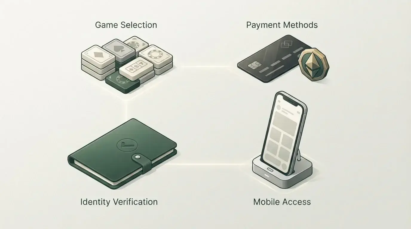 Illustration eines vierteiligen Prüfrasters für Spiele, Zahlungen, Mobile und Verifizierung